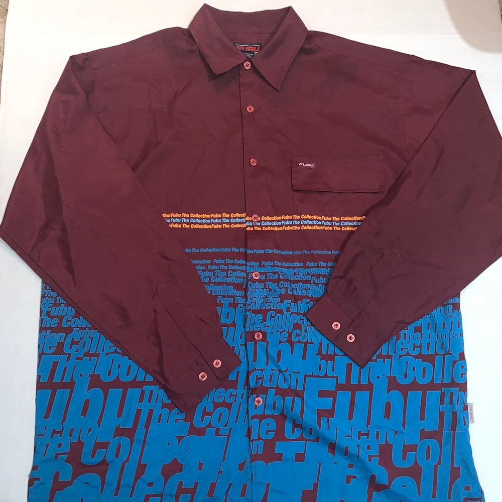 Fubu The Collection All Over Button Down Shirt Mens XXL Maroon Long Sleeve Vtg